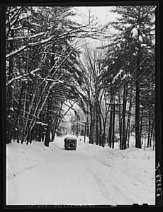 Photo of North Conway, NH highway after snowstorm, 1940.